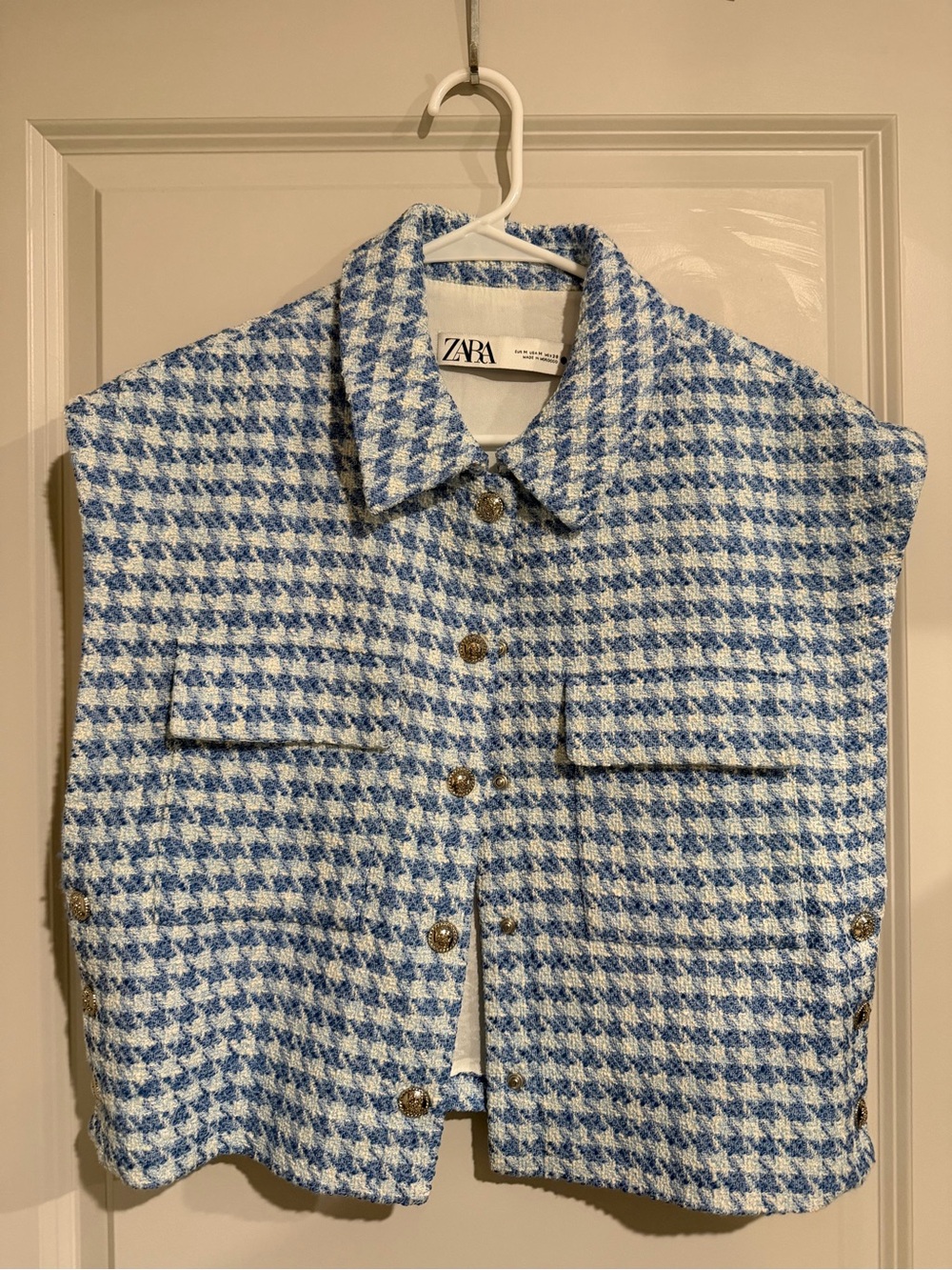 ZARA Light Blue & White Houndstooth Tweed Vest